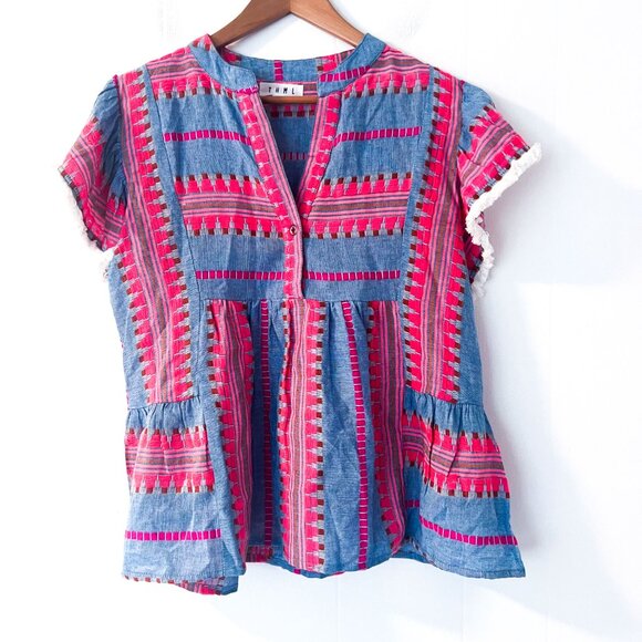 THML Boho Denim Chambray Flutter Sleeve Embroidered Top - Picture 6 of 12